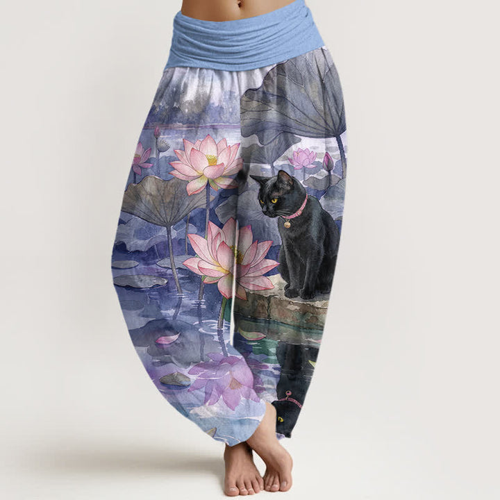 Buddha Stones Spodnie damskie harem z elastycznej talii z motywem czarnego kota i lotosu z czystej bawełny - Średniofioletowy - US16, UK/AU20, EU48 (3XL) - image 8