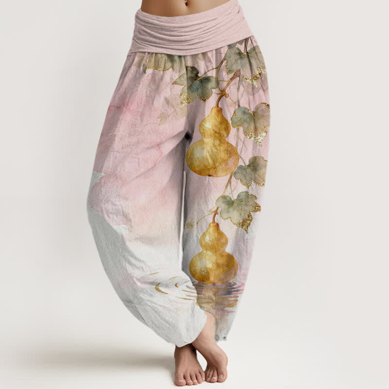 Buddha Stones Spodnie damskie haremowe z bawełny z wzorem liścia tykwy w kolorze złotym i elastyczną talią - Różowy - US16, UK/AU20, EU48 (3XL) - image 0