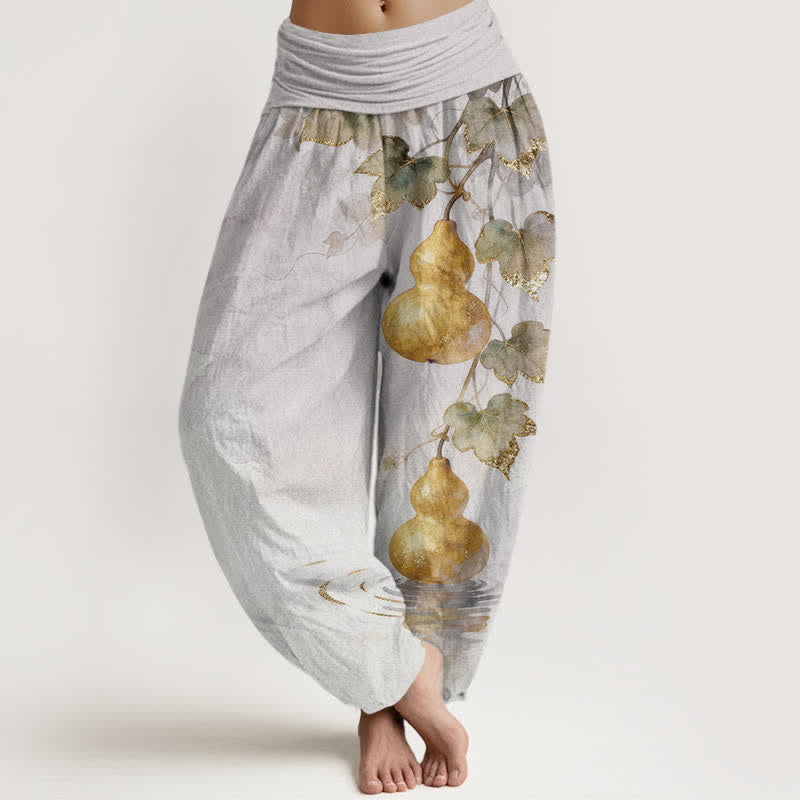 Buddha Stones Spodnie damskie haremowe z bawełny z wzorem liścia tykwy w kolorze złotym i elastyczną talią - Gainsboro - US16, UK/AU20, EU48 (3XL) - image 5