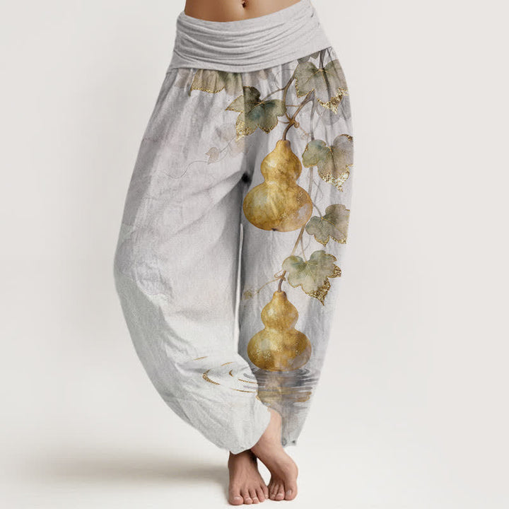 Buddha Stones Spodnie damskie haremowe z bawełny z wzorem liścia tykwy w kolorze złotym i elastyczną talią - Gainsboro - US16, UK/AU20, EU48 (3XL) - image 5