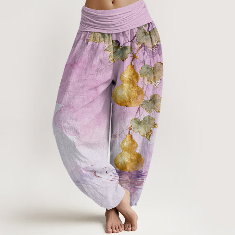 Buddha Stones Spodnie damskie haremowe z bawełny z wzorem liścia tykwy w kolorze złotym i elastyczną talią - Śliwka - US16, UK/AU20, EU48 (3XL) - image 8