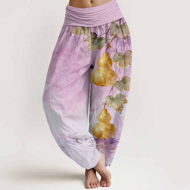 Buddha Stones Spodnie damskie haremowe z bawełny z wzorem liścia tykwy w kolorze złotym i elastyczną talią - Śliwka - US16, UK/AU20, EU48 (3XL) - image 8
