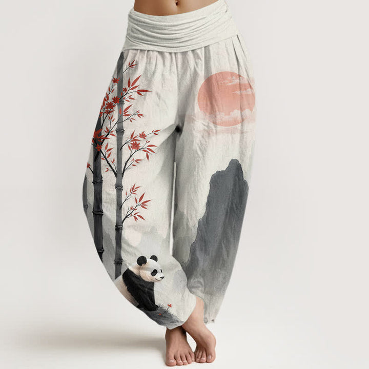 Buddha Stones Spodnie damskie typu harem z elastyczną talią i wzorem pandy z bambusa i bawełny - Beżowy - US16, UK/AU20, EU48 (3XL) - image 0