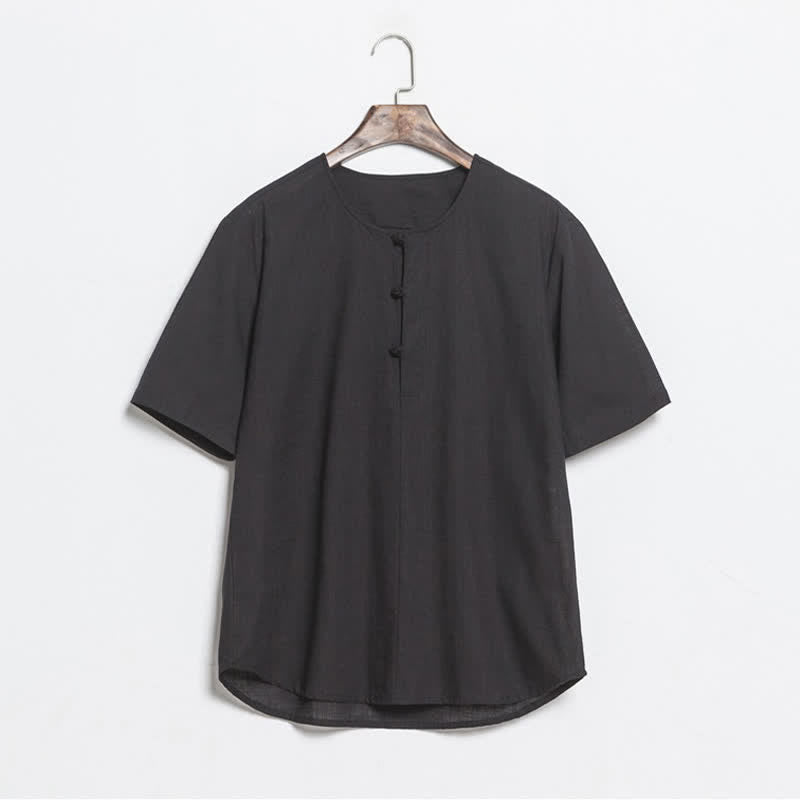 Buddha Stones Letnie, swobodne koszule męskie z krótkim rękawem w stylu Tang, zapinane na guziki typu żaba - Czarny - US/UK/AU46， EU56 (5XL) - image 7