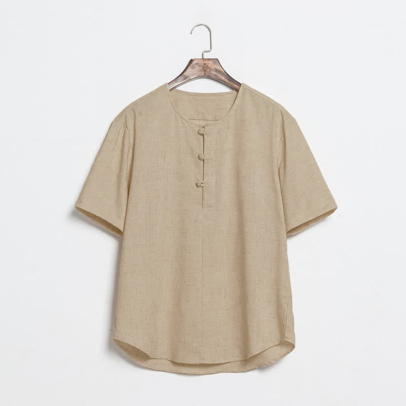Buddha Stones Letnie, swobodne koszule męskie z krótkim rękawem w stylu Tang, zapinane na guziki typu żaba - Dębnik - US/UK/AU46， EU56 (5XL) - image 0