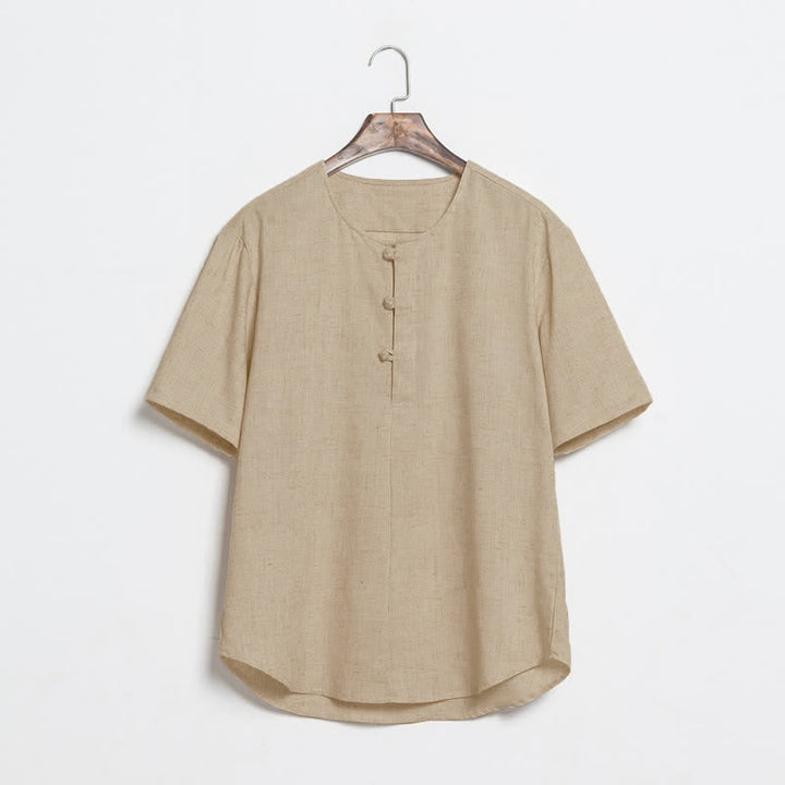 Buddha Stones Letnie, swobodne koszule męskie z krótkim rękawem w stylu Tang, zapinane na guziki typu żaba - Dębnik - US/UK/AU46， EU56 (5XL) - image 0