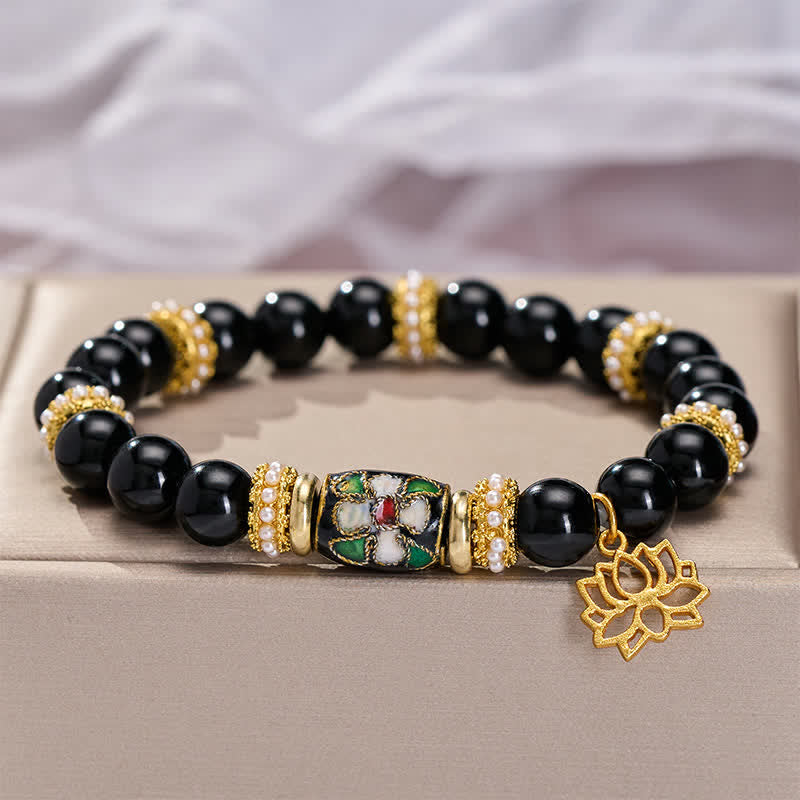 Buddha Stones Bransoletka ochronna z okrągłymi koralikami z czarnego obsydianu i emalii Cloisonné w kształcie kwiatów lotosu - image 3