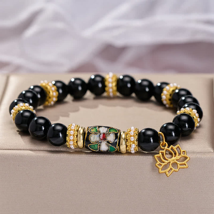 Buddha Stones Bransoletka ochronna z okrągłymi koralikami z czarnego obsydianu i emalii Cloisonné w kształcie kwiatów lotosu - image 3