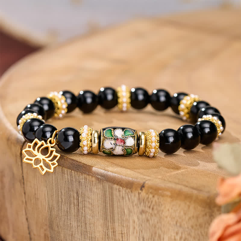 Buddha Stones Bransoletka ochronna z okrągłymi koralikami z czarnego obsydianu i emalii Cloisonné w kształcie kwiatów lotosu - image 2