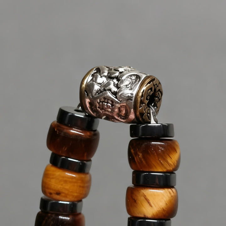 Buddha Stones Bransoletka z koralików z naturalnego tygrysiego oka w kolorze antycznego srebra z motywem lwa - image 13