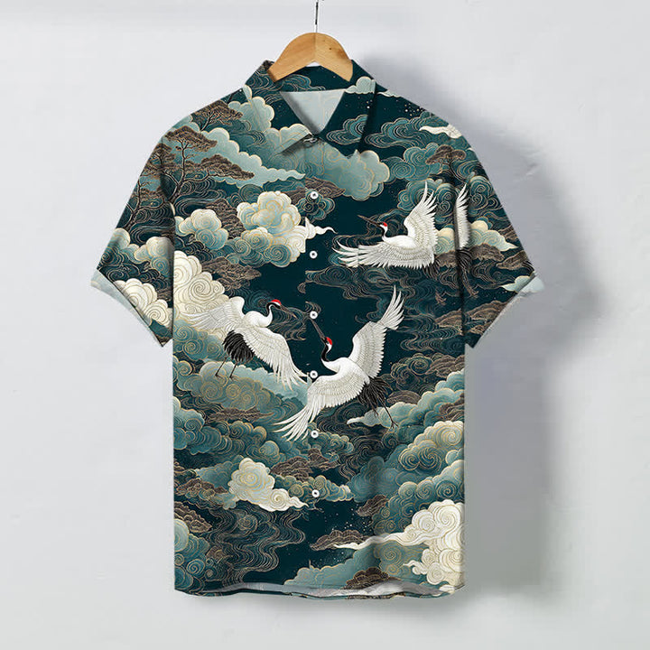 Buddha Stones Koszula męska z krótkim rękawem, oddychająca, z nadrukiem "Oriental Crane Cloud Wave Pattern" - Cyraneczka - US/UK/AU48， EU58 (4XL) - image 0
