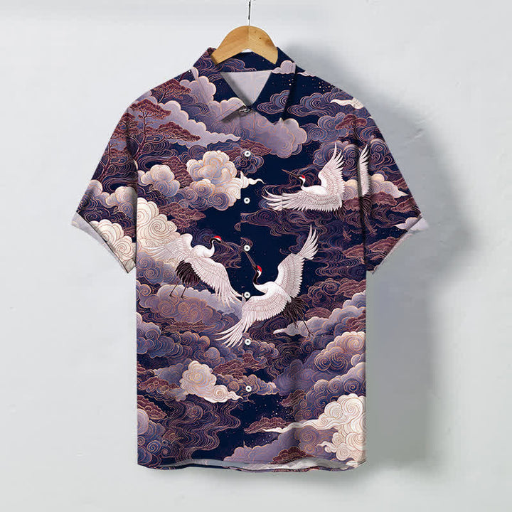 Buddha Stones Koszula męska z krótkim rękawem, oddychająca, z nadrukiem "Oriental Crane Cloud Wave Pattern" - DarkSlateBlue - US/UK/AU48， EU58 (4XL) - image 5