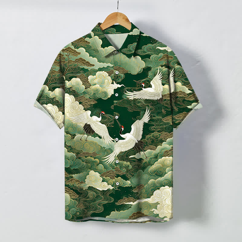 Buddha Stones Koszula męska z krótkim rękawem, oddychająca, z nadrukiem "Oriental Crane Cloud Wave Pattern" - ForestGreen - US/UK/AU48， EU58 (4XL) - image 7