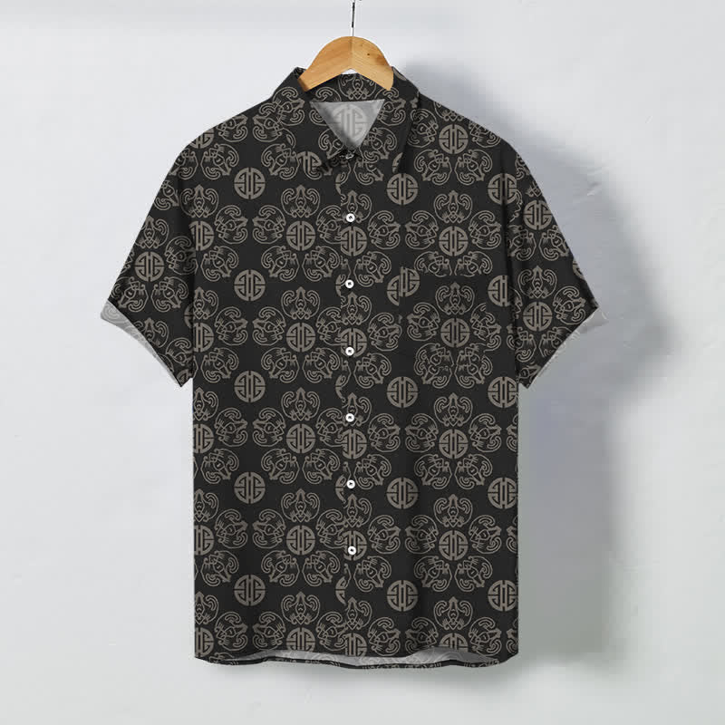 Buddha Stones Koszula męska z krótkim rękawem, oddychająca, z geometrycznym wzorem i medalionem w stylu vintage - 	Czarny - US/UK/AU48， EU58 (4XL) - image 0