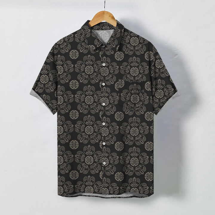 Buddha Stones Koszula męska z krótkim rękawem, oddychająca, z geometrycznym wzorem i medalionem w stylu vintage - 	Czarny - US/UK/AU48， EU58 (4XL) - image 0