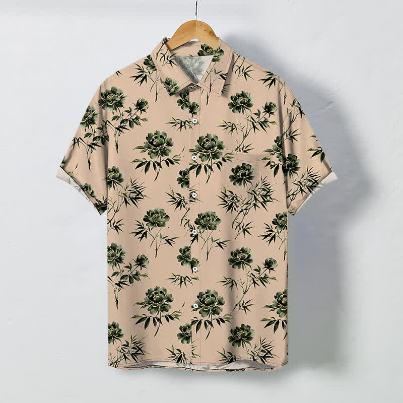 Buddha Stones Koszula męska z krótkim rękawem, oddychająca, z tropikalnym wzorem kwiatowym i liśćmi, z guzikami - PeachPuff - US/UK/AU48， EU58 (4XL) - image 10