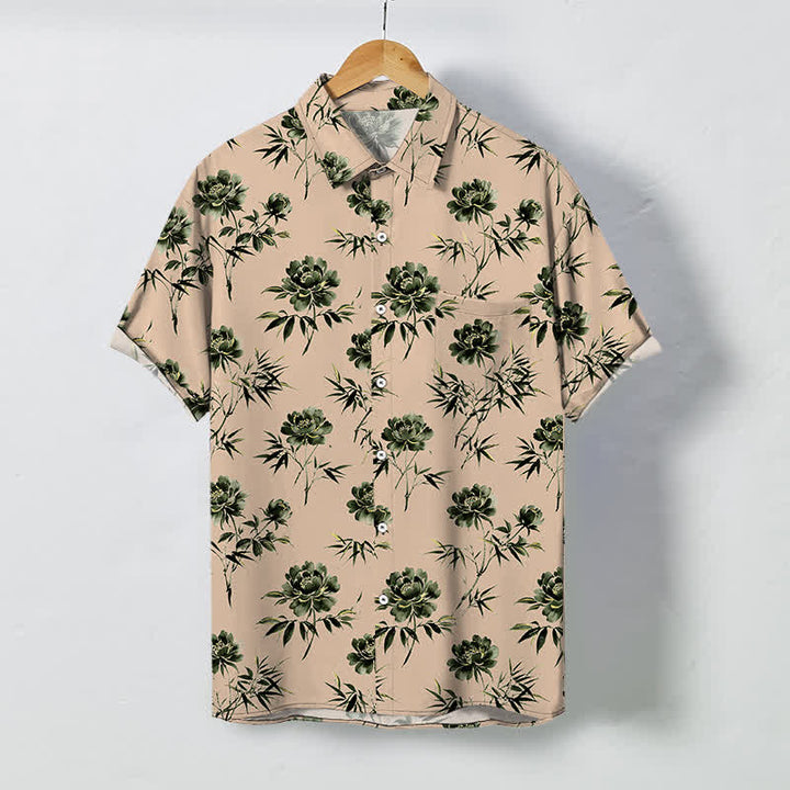 Buddha Stones Koszula męska z krótkim rękawem, oddychająca, z tropikalnym wzorem kwiatowym i liśćmi, z guzikami - PeachPuff - US/UK/AU48， EU58 (4XL) - image 10