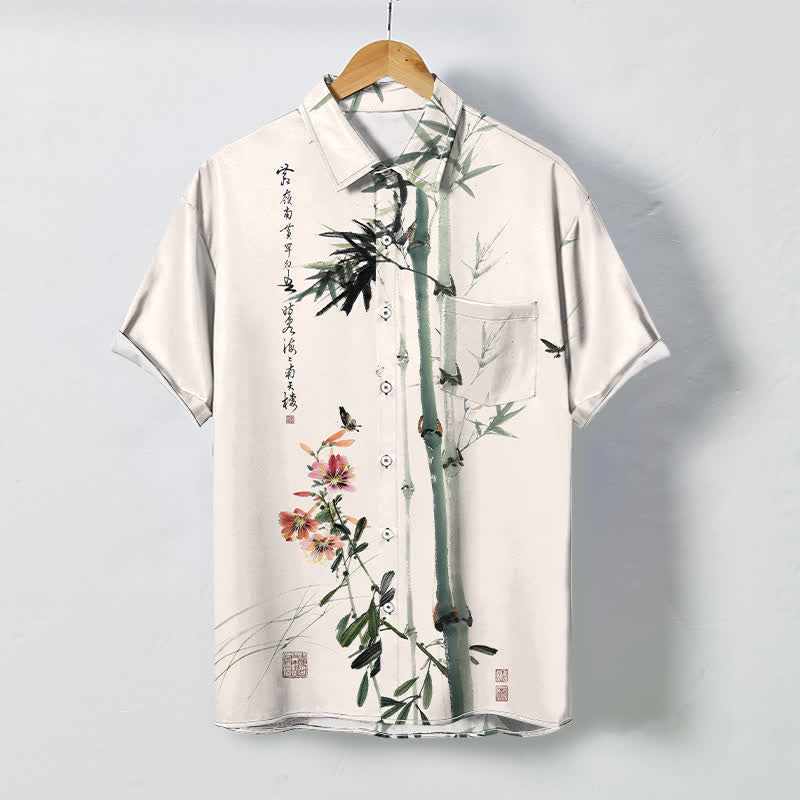 Buddha Stones Koszula męska z krótkim rękawem, oddychająca, z nadrukiem w kwiaty bambusa i kaligrafią, z guzikami - Bielizna - US/UK/AU48， EU58 (4XL) - image 0