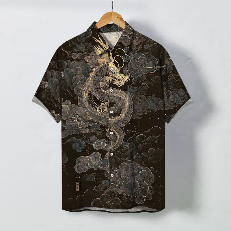 Buddha Stones Koszula męska z krótkim rękawem, odporna na zagniecenia, z guzikami w kształcie chmurki ze złotym smokiem - Czarny - US/UK/AU48， EU58 (4XL) - image 0