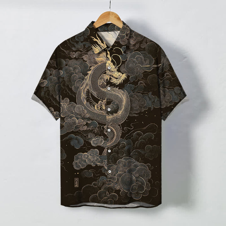 Buddha Stones Koszula męska z krótkim rękawem, odporna na zagniecenia, z guzikami w kształcie chmurki ze złotym smokiem - Czarny - US/UK/AU48， EU58 (4XL) - image 0