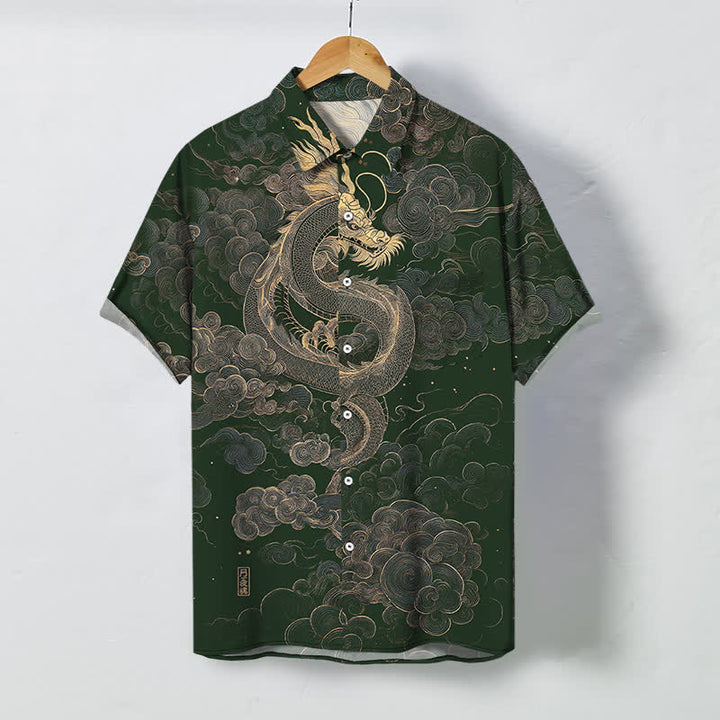 Buddha Stones Koszula męska z krótkim rękawem, odporna na zagniecenia, z guzikami w kształcie chmurki ze złotym smokiem - Ciemnozielony - US/UK/AU48， EU58 (4XL) - image 5