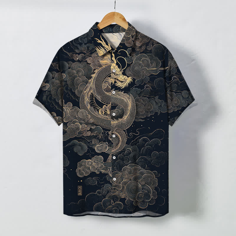 Buddha Stones Koszula męska z krótkim rękawem, odporna na zagniecenia, z guzikami w kształcie chmurki ze złotym smokiem - MidnightBlue - US/UK/AU48， EU58 (4XL) - image 7
