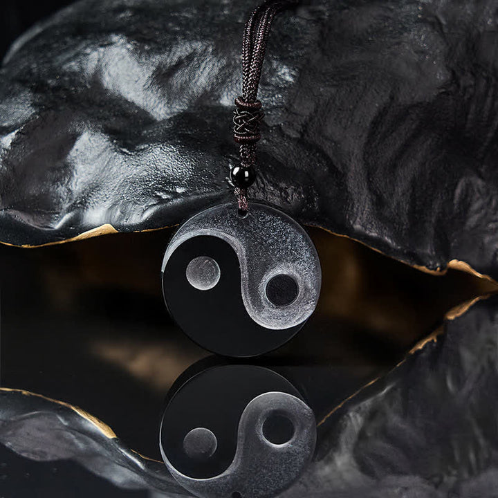 Buddha Stones Naszyjnik z okrągłym wisiorkiem z czarnego obsydianu Yin Yang Balance - image 3