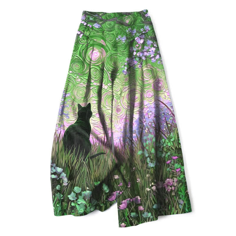 Buddha Stones Spodnie damskie z szerokimi nogawkami i elastyczną talią, z motywem zaczarowanego lasu i czarnego kota, z lnu i kieszeniami - ForestGreen - US16, UK/AU20, EU48 (3XL) - image 6