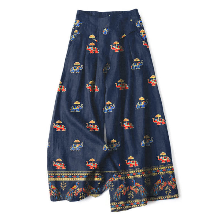 Buddha Stones Spodnie damskie z szerokimi nogawkami i elastyczną talią i kieszeniami, z bawełny i lnu, w boho, w słonie - MidnightBlue - US16, UK/AU20, EU48 (3XL) - image 0