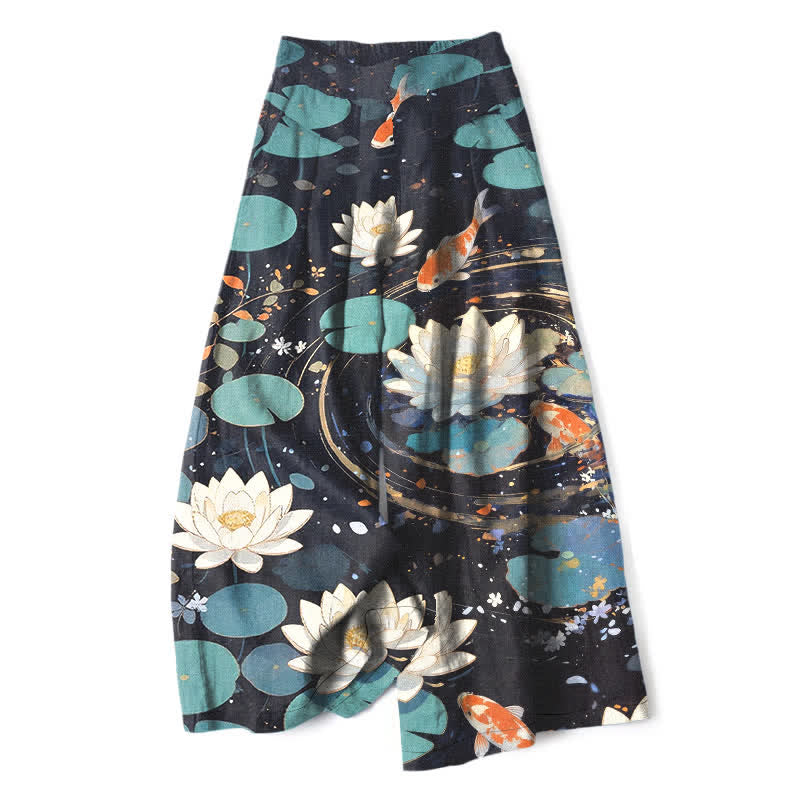 Buddha Stones Spodnie damskie z szerokimi nogawkami i elastyczną talią, z motywem ryby koi i bawełny lnianej, z kieszeniami - Czarny - US16, UK/AU20, EU48 (3XL) - image 0