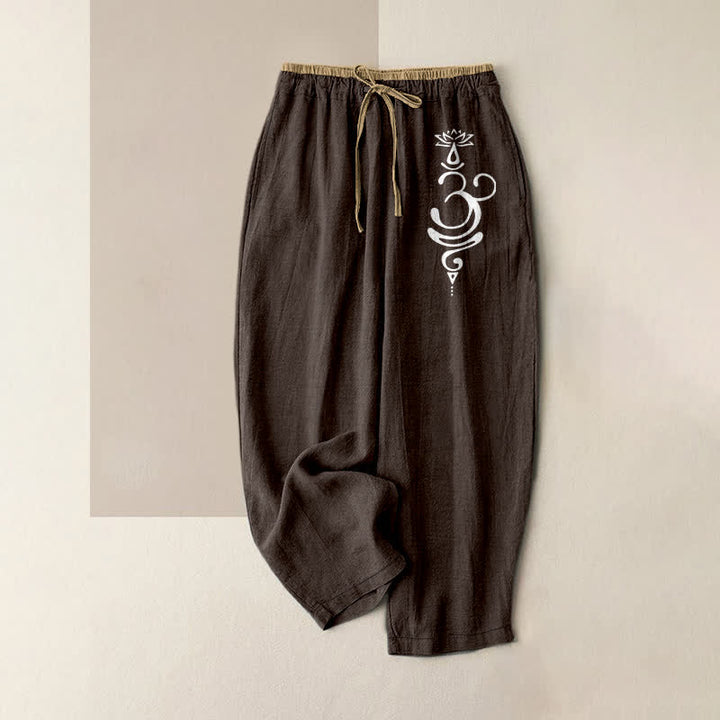 Buddha Stones Spodnie damskie z elastyczną talią i kieszeniami, z czystej bawełny, wzór Sacred Om Lotus - SaddleBrown - US16, UK/AU20, EU48 (3XL) - image 0