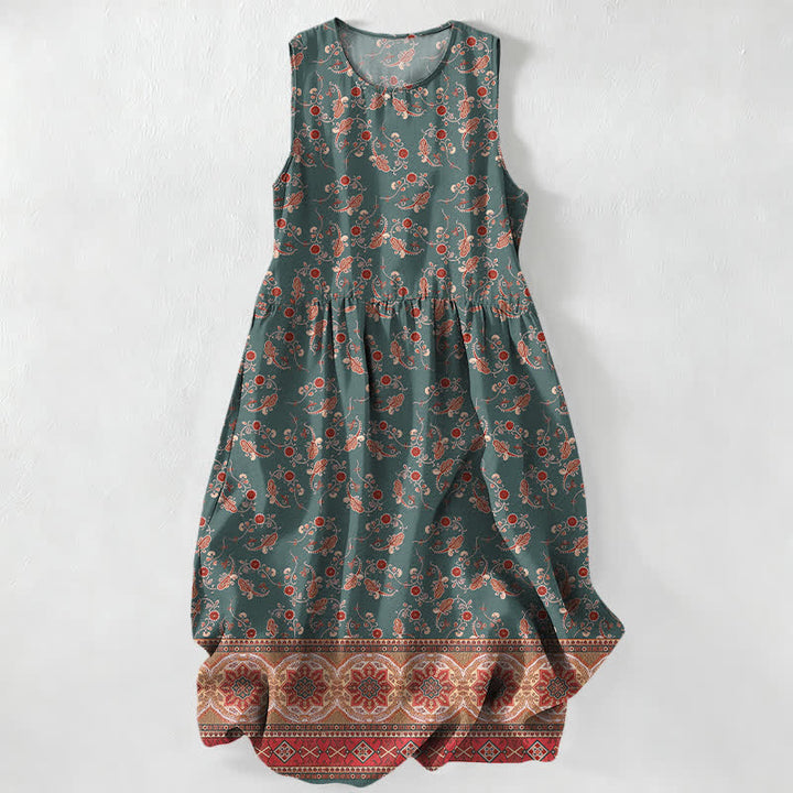 Buddha Stones Letnia, swobodna, damska sukienka midi bez rękawów z kieszeniami i kwiatowym wzorem w stylu vintage - SeaGreen - US16, UK/AU20, EU48 (3XL) - image 4