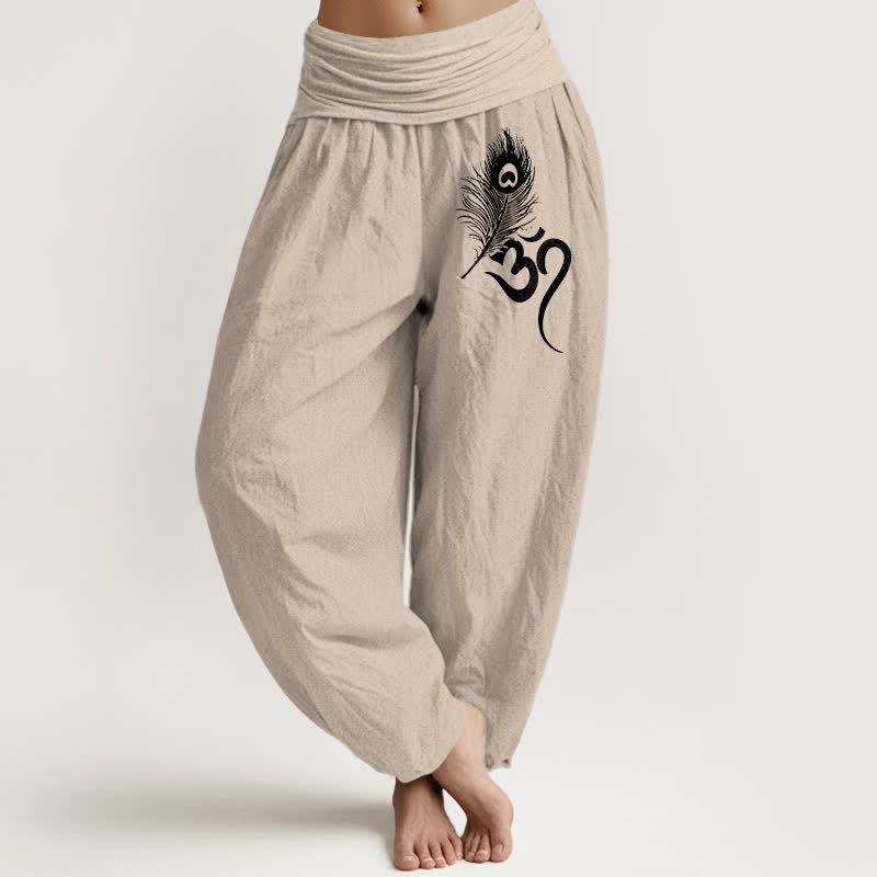 Buddha Stones Spodnie damskie haremowe z elastycznej talii z czystej bawełny z wzorem piór Om - Dębnik - US16, UK/AU20, EU48 (3XL) - image 14
