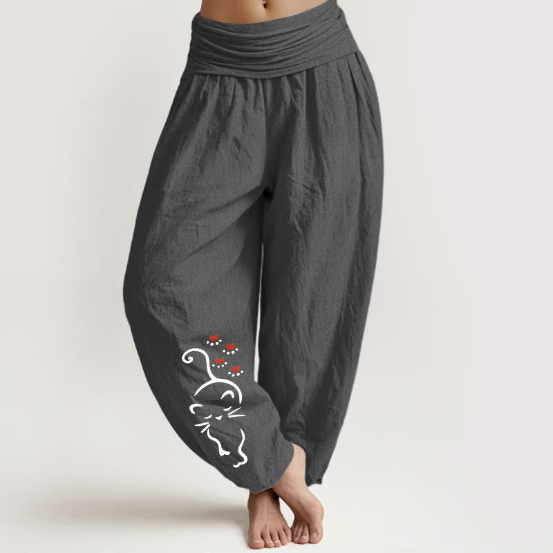 Buddha Stones Spodnie damskie haremki z elastycznej talii z motywem kota z czystej bawełny - DimGray - US16, UK/AU20, EU48 (3XL) - image 8