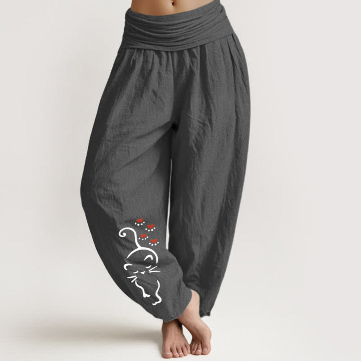 Buddha Stones Spodnie damskie haremki z elastycznej talii z motywem kota z czystej bawełny - DimGray - US16, UK/AU20, EU48 (3XL) - image 8