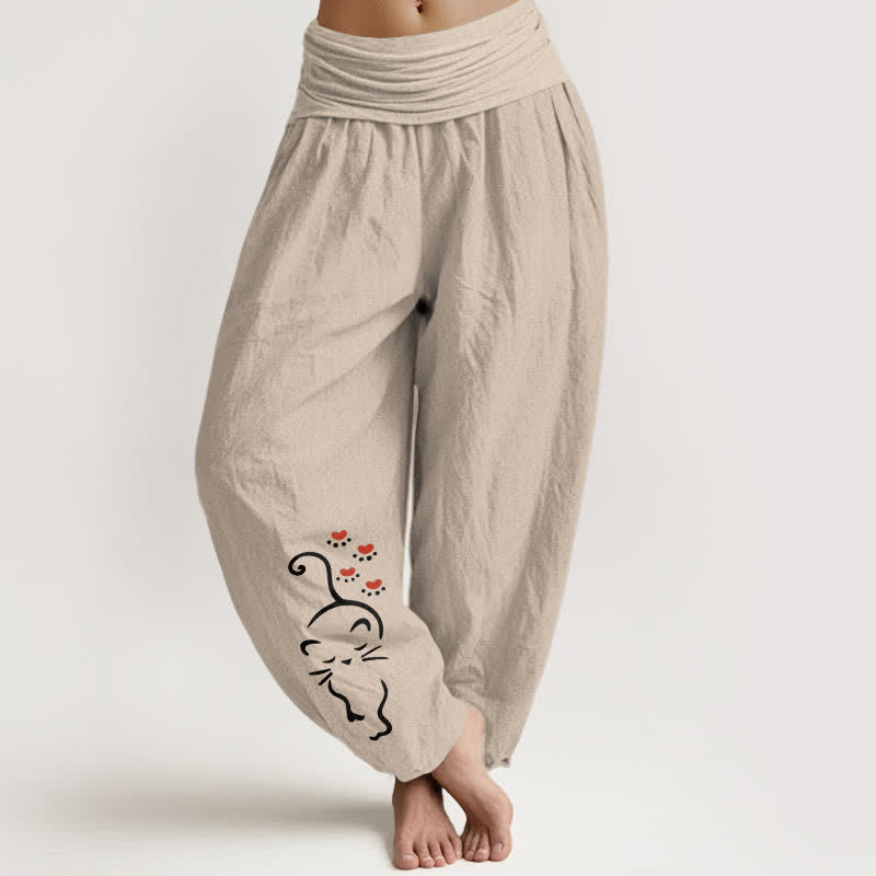 Buddha Stones Spodnie damskie haremki z elastycznej talii z motywem kota z czystej bawełny - Dębnik - US16, UK/AU20, EU48 (3XL) - image 0