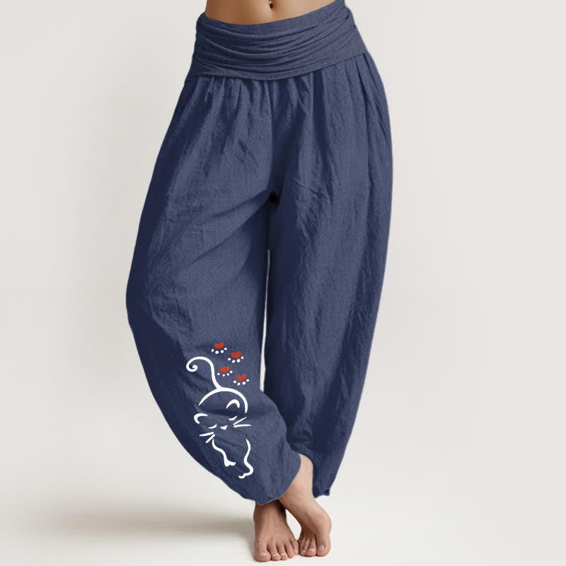 Buddha Stones Spodnie damskie haremki z elastycznej talii z motywem kota z czystej bawełny - DarkSlateBlue - US16, UK/AU20, EU48 (3XL) - image 11