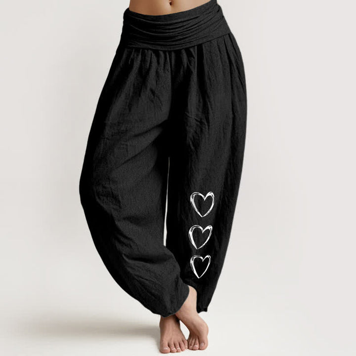 Buddha Stones Spodnie damskie typu harem z elastycznej talii z wzorem w trzy serca z czystej bawełny - Czarny - US16, UK/AU20, EU48 (3XL) - image 0
