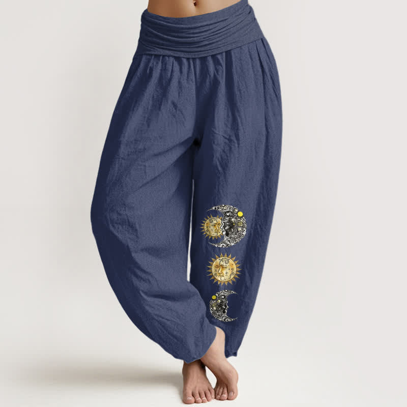 Buddha Stones Spodnie damskie typu harem z elastycznej talii z motywem słońca i księżyca z czystej bawełny - DarkSlateBlue - US16, UK/AU20, EU48 (3XL) - image 5
