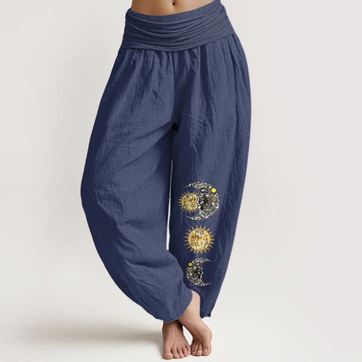 Buddha Stones Spodnie damskie typu harem z elastycznej talii z motywem słońca i księżyca z czystej bawełny - DarkSlateBlue - US16, UK/AU20, EU48 (3XL) - image 5