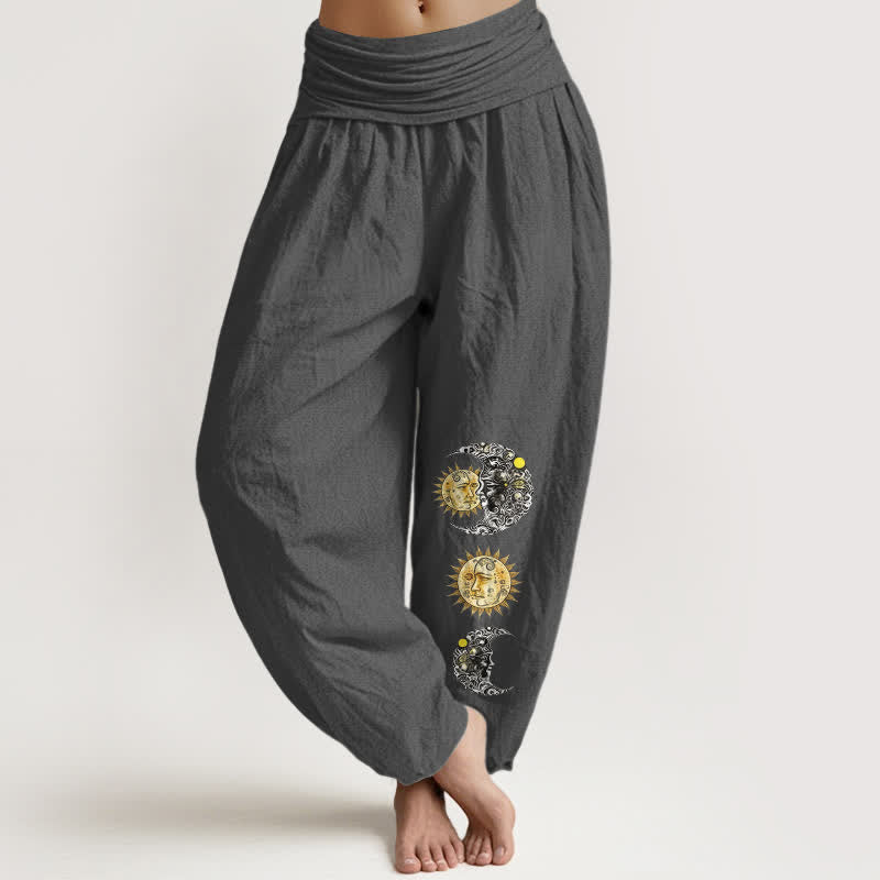 Buddha Stones Spodnie damskie typu harem z elastycznej talii z motywem słońca i księżyca z czystej bawełny - DimGray - US16, UK/AU20, EU48 (3XL) - image 8
