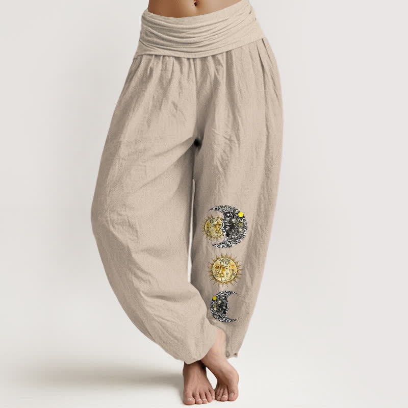 Buddha Stones Spodnie damskie typu harem z elastycznej talii z motywem słońca i księżyca z czystej bawełny - Dębnik - US16, UK/AU20, EU48 (3XL) - image 14