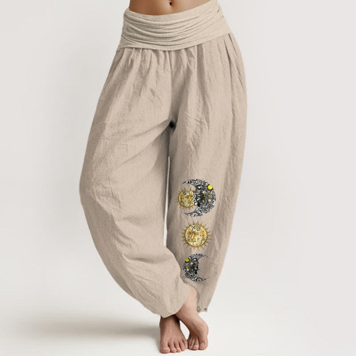 Buddha Stones Spodnie damskie typu harem z elastycznej talii z motywem słońca i księżyca z czystej bawełny - Dębnik - US16, UK/AU20, EU48 (3XL) - image 14