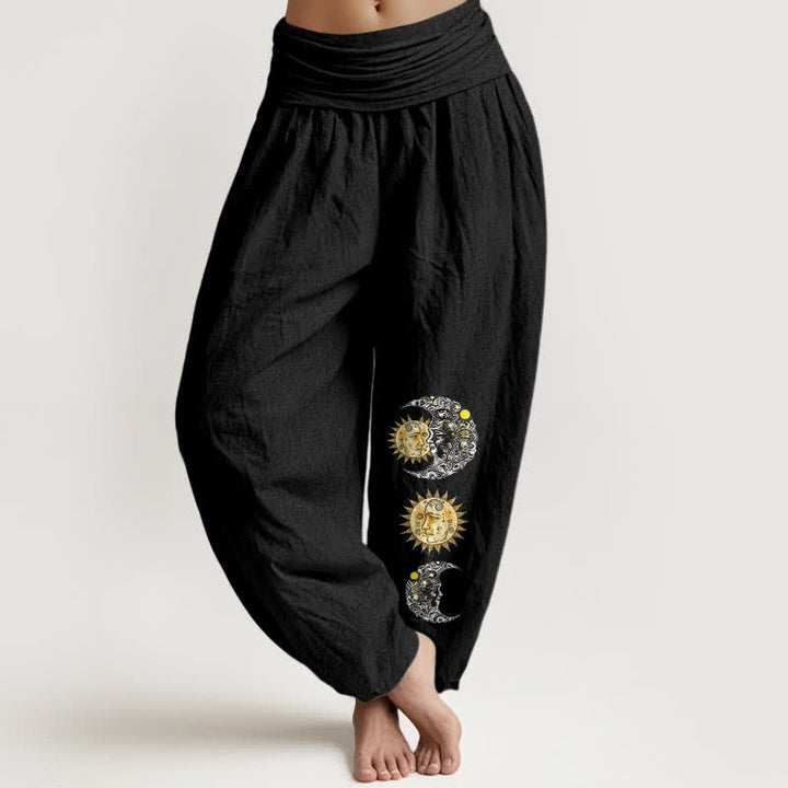 Buddha Stones Spodnie damskie typu harem z elastycznej talii z motywem słońca i księżyca z czystej bawełny - Czarny - US16, UK/AU20, EU48 (3XL) - image 0