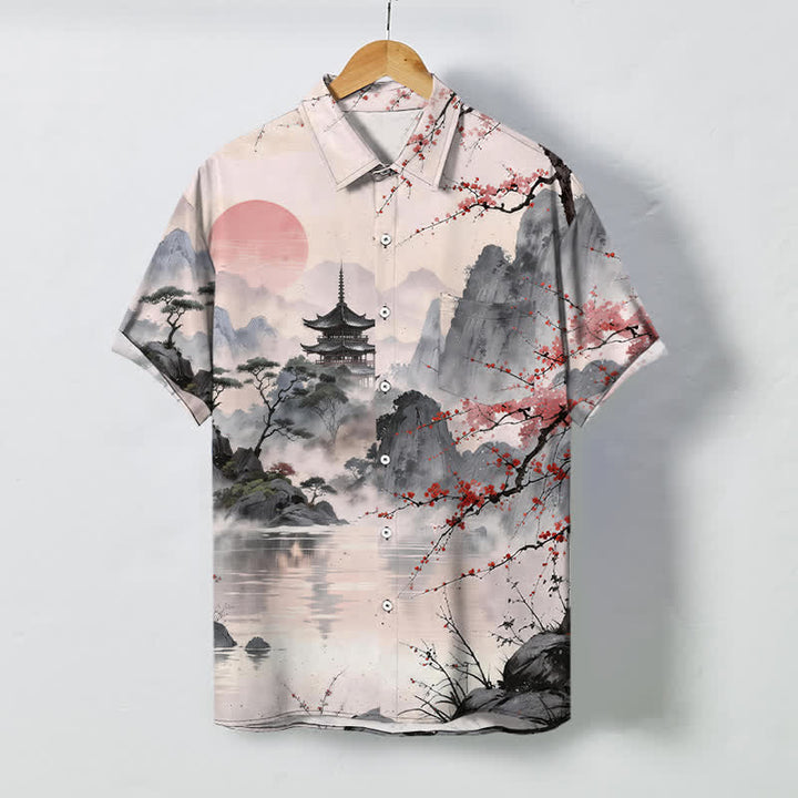 Buddha Stones Koszula męska z krótkim rękawem, oddychająca, z nadrukiem w kwiaty i motywem pawilonu krajobrazowego - Bielizna - US/UK/AU48， EU58 (4XL) - image 0
