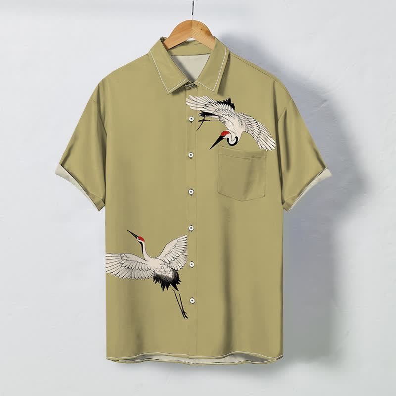 Buddha Stones Koszula męska z krótkim rękawem i oddychającym nadrukiem „Soaring White Crane Pattern” - Ciemny Khaki - US/UK/AU48， EU58 (4XL) - image 3