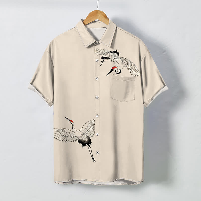 Buddha Stones Koszula męska z krótkim rękawem i oddychającym nadrukiem „Soaring White Crane Pattern” - Beżowy - US/UK/AU48， EU58 (4XL) - image 5