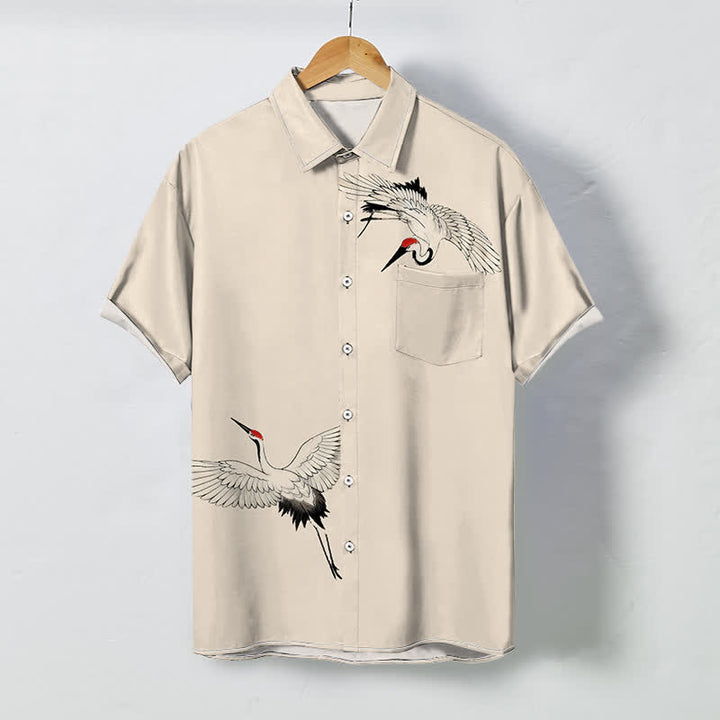 Buddha Stones Koszula męska z krótkim rękawem i oddychającym nadrukiem „Soaring White Crane Pattern” - Beżowy - US/UK/AU48， EU58 (4XL) - image 5