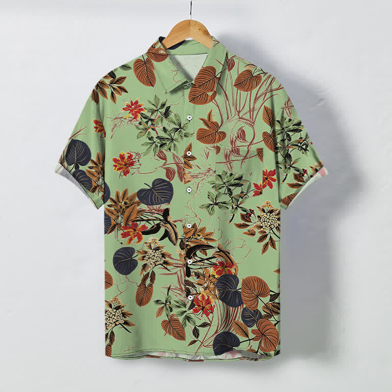 Buddha Stones Koszula męska z krótkim rękawem, oddychająca, z tropikalnym wzorem kwiatowym i liśćmi, z guzikami - PaleGreen - US/UK/AU48， EU58 (4XL) - image 5