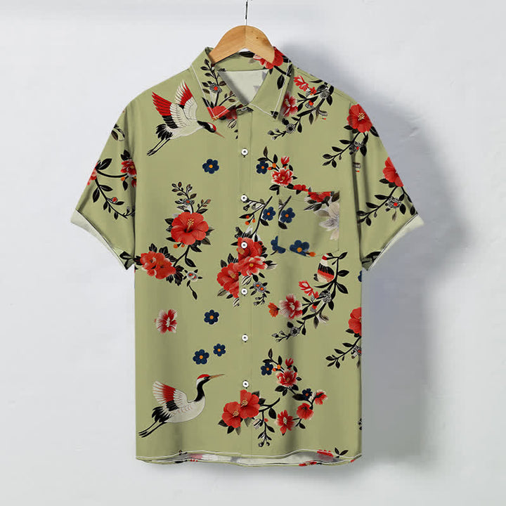 Buddha Stones Koszula męska z krótkim rękawem, oddychająca, z guzikami i wzorem gałęzi żurawia - Ciemny Khaki - US/UK/AU48， EU58 (4XL) - image 5